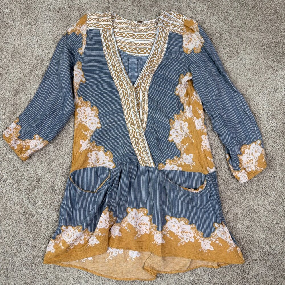 Free People Mini Dress Womens M Blue Gold Bohemian Lightweight Pockets Tunic Top - Picture 1 of 7